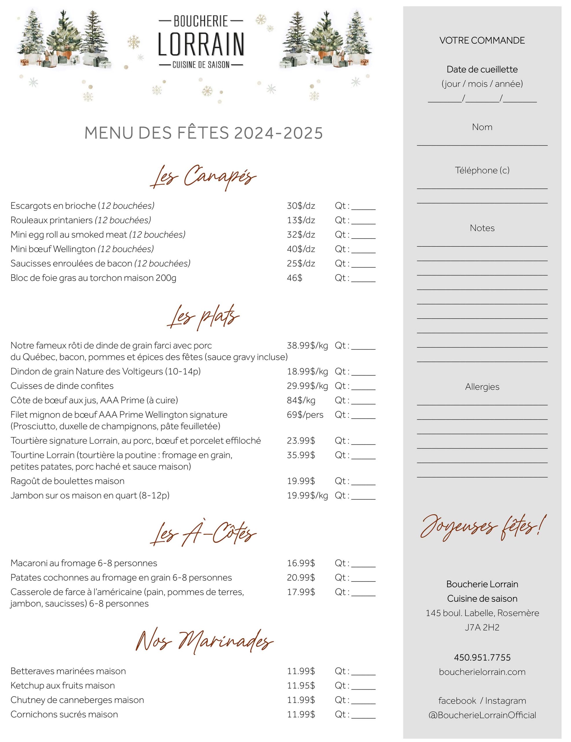 Boucherie Lorrain Menu des fêtes 2024